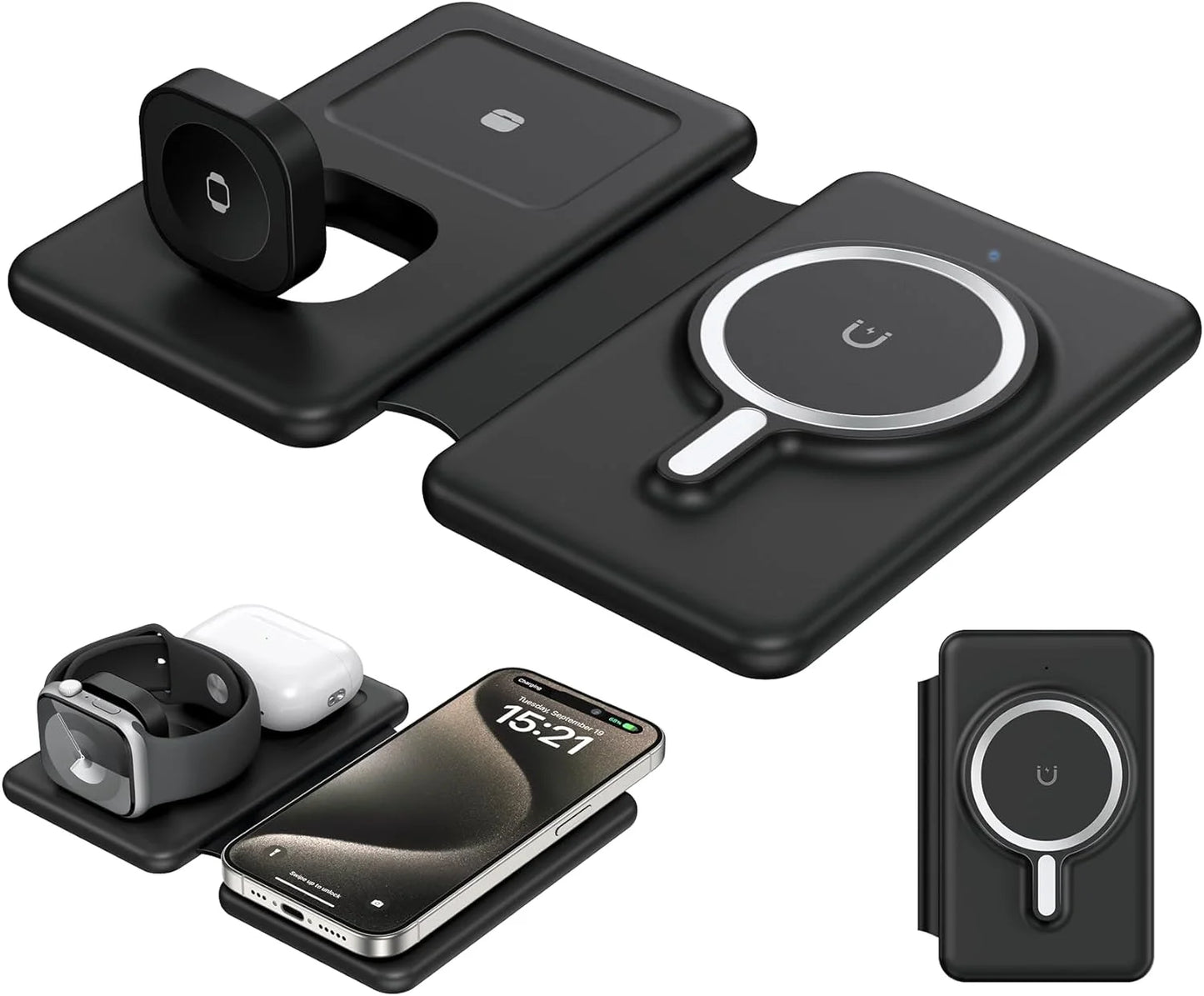 Magnetic Wireless Charger for Iphone: Foldable 3 in 1 Fast Charging for Apple Devices for Iphone 15/14/13/12 Series, Charging Pad for Apple Watch Series & Airpods 3 2 Pro