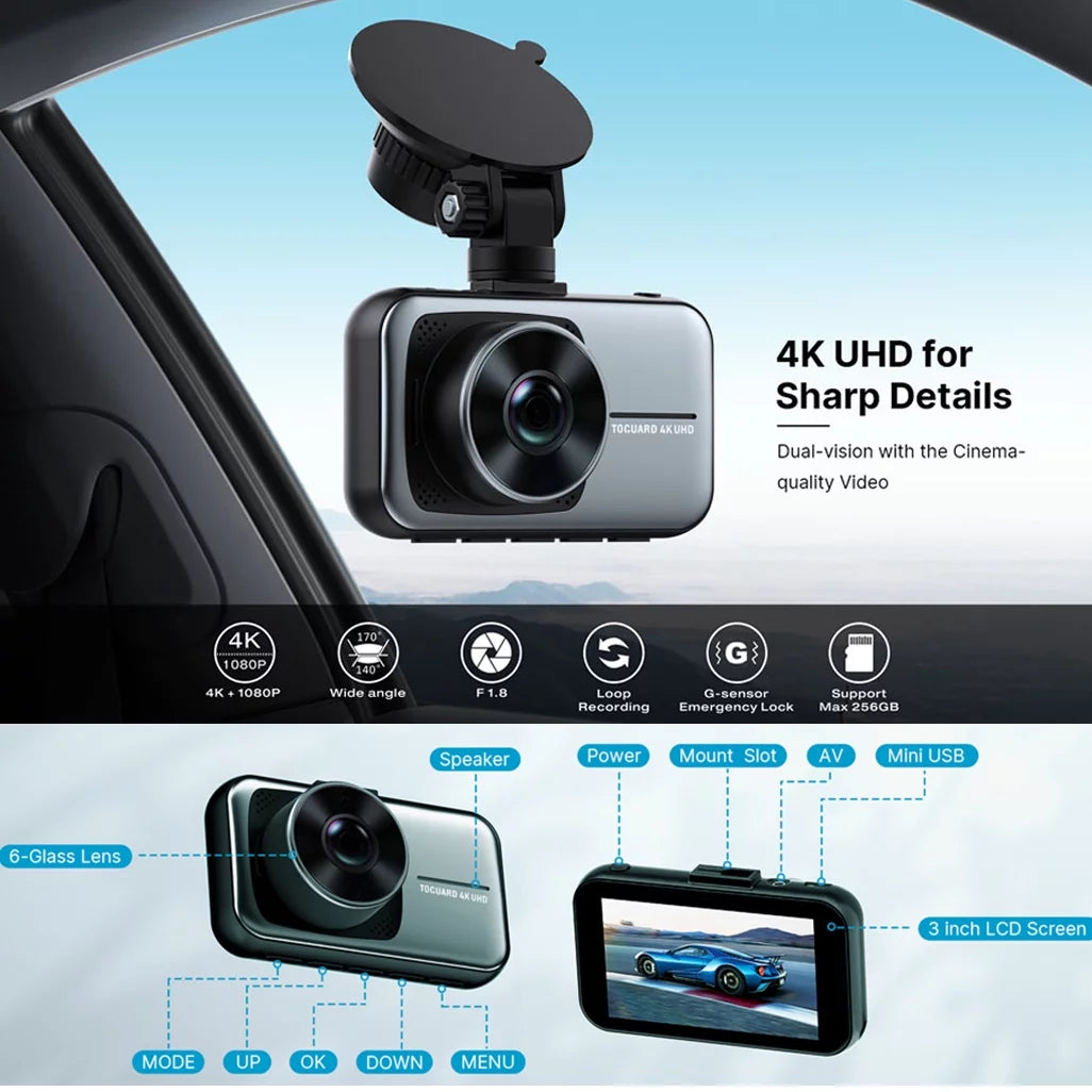 4K Dash Cam Front and Rear 3 Inch Dual Dash Camera, with 1080P Waterproof Car Camera, Loop Recording, G-Sensor Function, Motion Detection, Parking Monitor, WDR