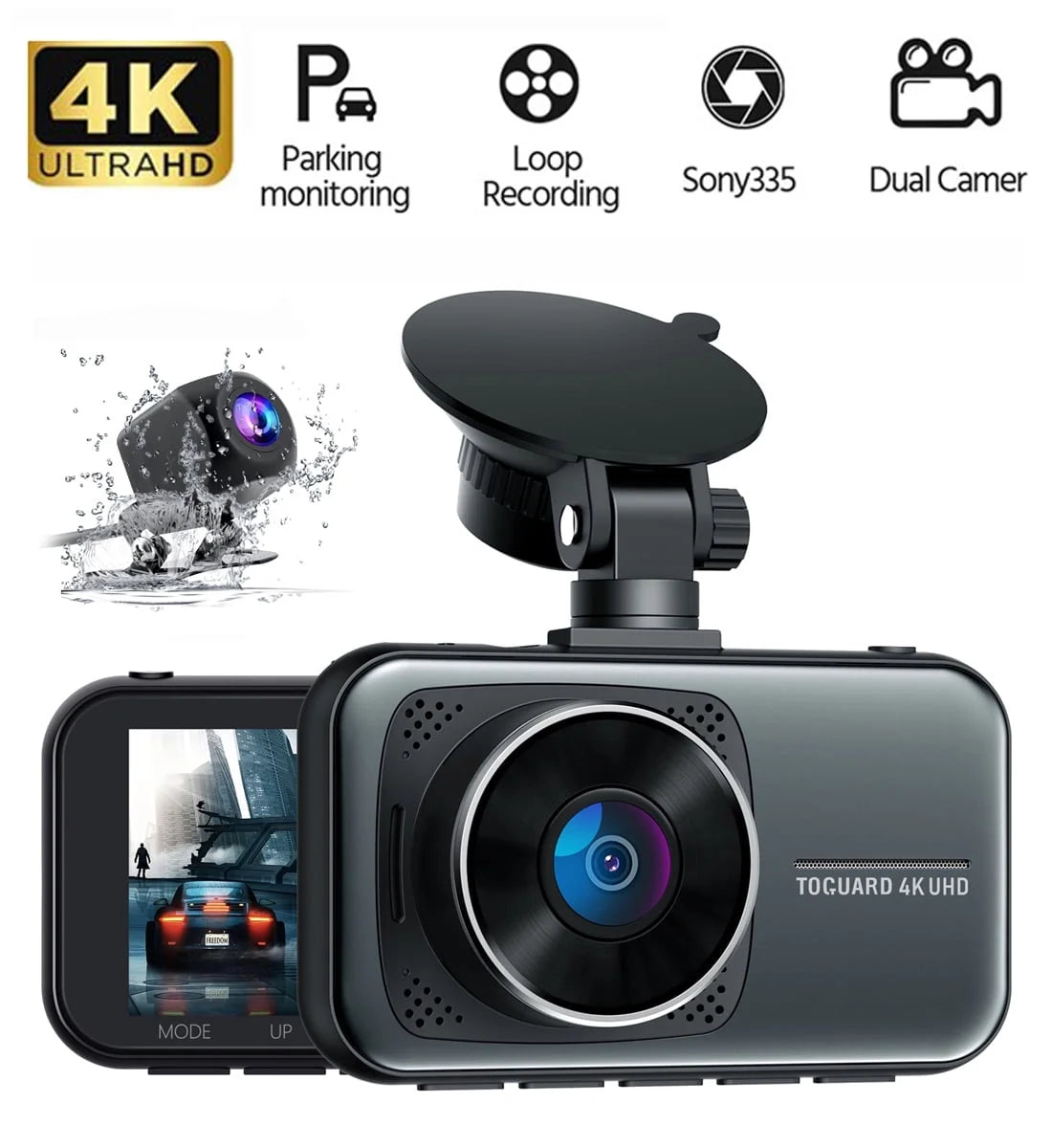 4K Dash Cam Front and Rear 3 Inch Dual Dash Camera, with 1080P Waterproof Car Camera, Loop Recording, G-Sensor Function, Motion Detection, Parking Monitor, WDR