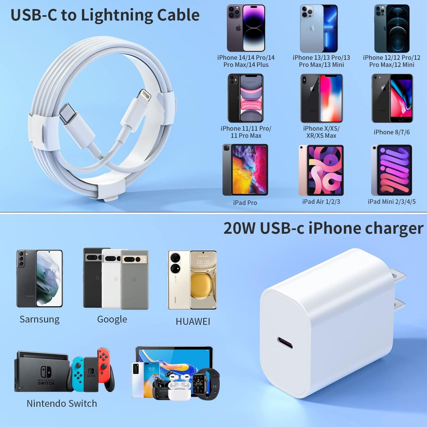 Iphone Charger Fast Charging, Apple Charger for Iphone, 2 Pack 20W PD Fast Charger&6Ft USB C to Lightning Cable Compatible with Iphone, Ipad, Ipod