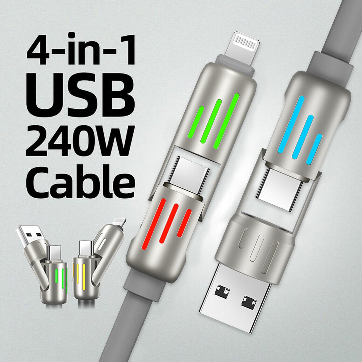 4 in 1 USB C Cable 240W Fast Charging & Data Sync Multi Silicone RGB Charge Cord