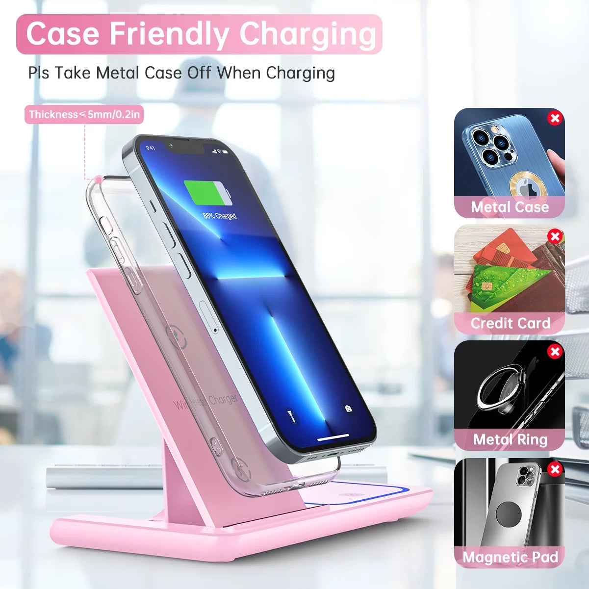 Wireless Charger, 18W 3 in 1 Wireless Charging Station for Iphone 15 14 13 12 Pro XR XS, Fast Charing Stand for Apple Watch 8/7/6/SE/5/4/3/2, Airpods 3/2/Pro, Samsung Galaxy S23 S22 S21 20(Pink)