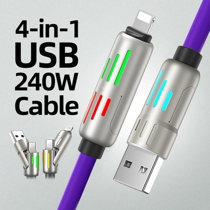 4 in 1 USB C Cable 240W Fast Charging & Data Sync Multi Silicone RGB Charge Cord