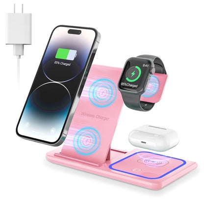 Wireless Charger, 18W 3 in 1 Wireless Charging Station for Iphone 15 14 13 12 Pro XR XS, Fast Charing Stand for Apple Watch 8/7/6/SE/5/4/3/2, Airpods 3/2/Pro, Samsung Galaxy S23 S22 S21 20(Pink)