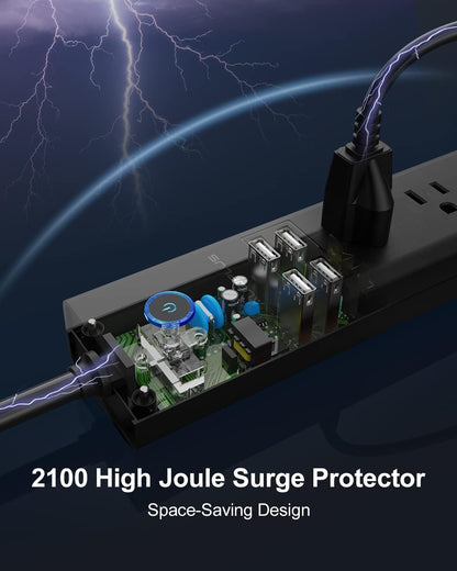 Surge Protector Power Strip with USB,  10FT Outlet Strip, 6 Outlet and 4 USB Charger,[Flat Plug/Wall Mountable], 1250W/10A/2100J, Long Extension Cord for Computer Iphone Home Office Dorm