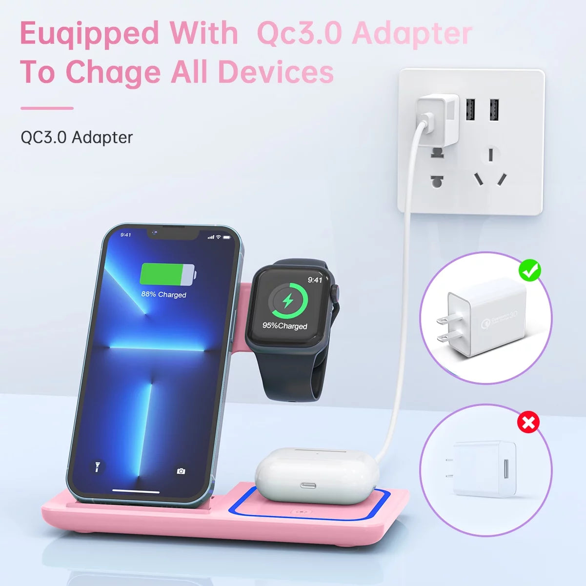 Wireless Charger, 18W 3 in 1 Wireless Charging Station for Iphone 15 14 13 12 Pro XR XS, Fast Charing Stand for Apple Watch 8/7/6/SE/5/4/3/2, Airpods 3/2/Pro, Samsung Galaxy S23 S22 S21 20(Pink)